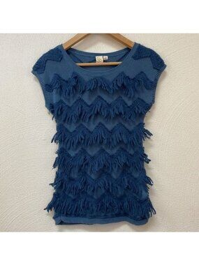 Yellow Bird Anthropologie Blue Fringe Tasseled Short Sleeve Top Sz Small